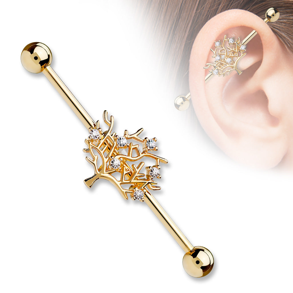 CZ Set Tree of Life 316L Surgical Steel Industrial Barbells - Rose Gold/Clear