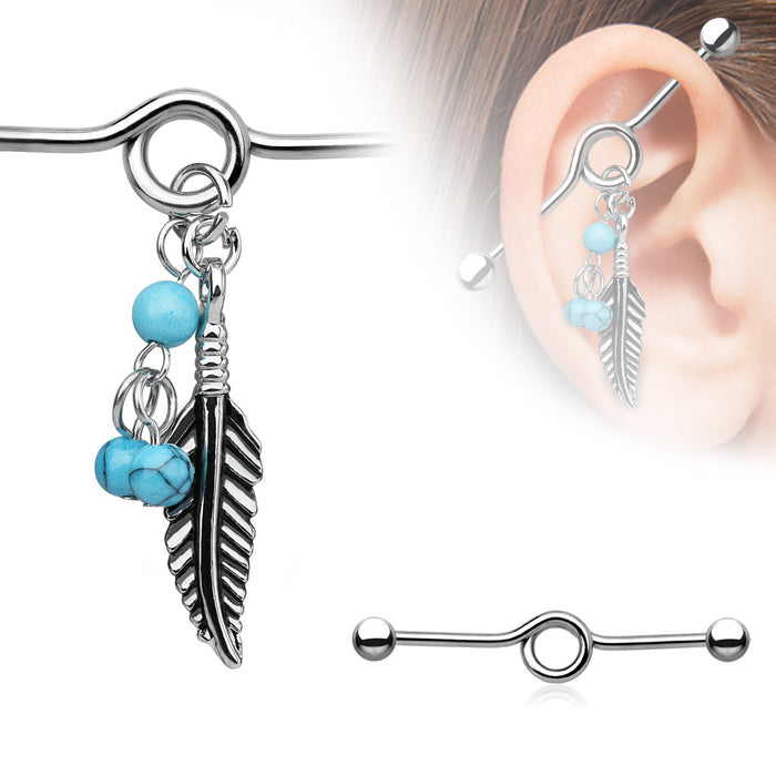 316L Surgical Steel Industrial Barbell With Turquoise Beads And Feather Dangle