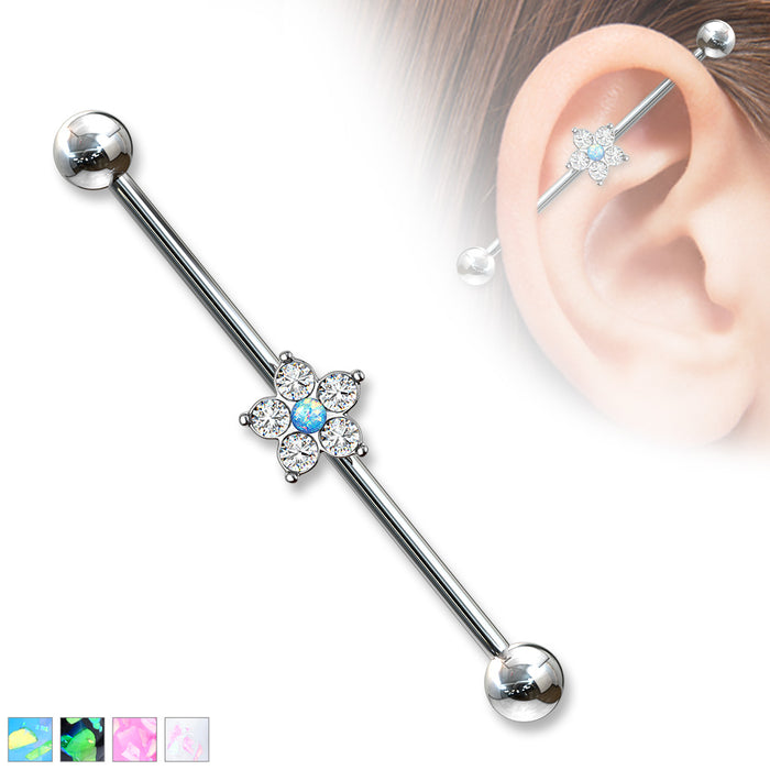 5 CZ Flower With Opal Glitter Center 316L Surgical Steel Industrial Barbells