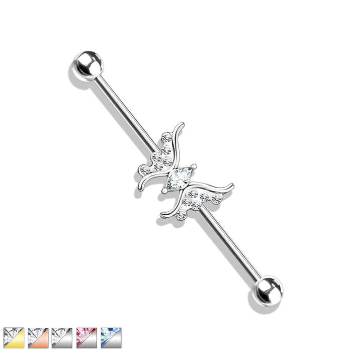 Crystal Paved Butterfly With Marquise Crystal Center 316L Steel Industrial Barbell