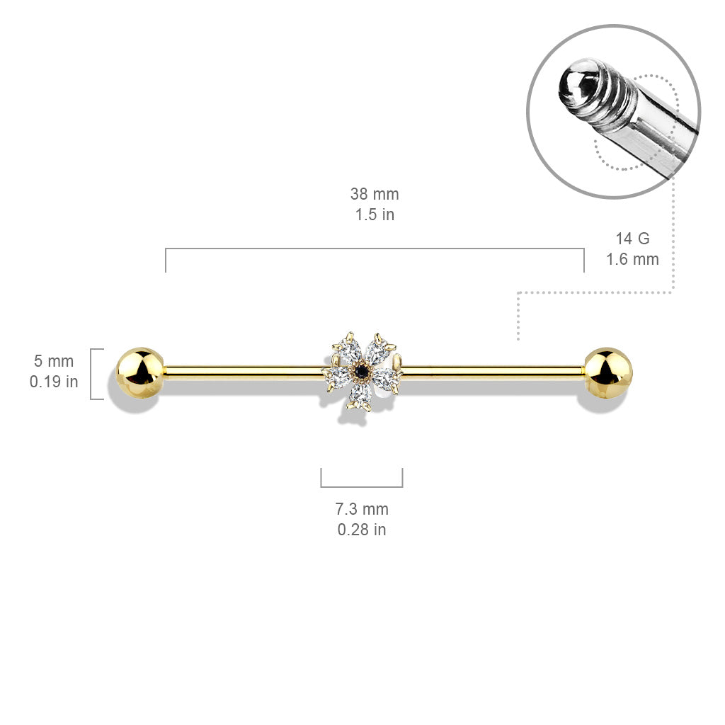 Black CZ Centered Five Pear CZ Flower 316L Surgical Steel Industrial Barbells size chart