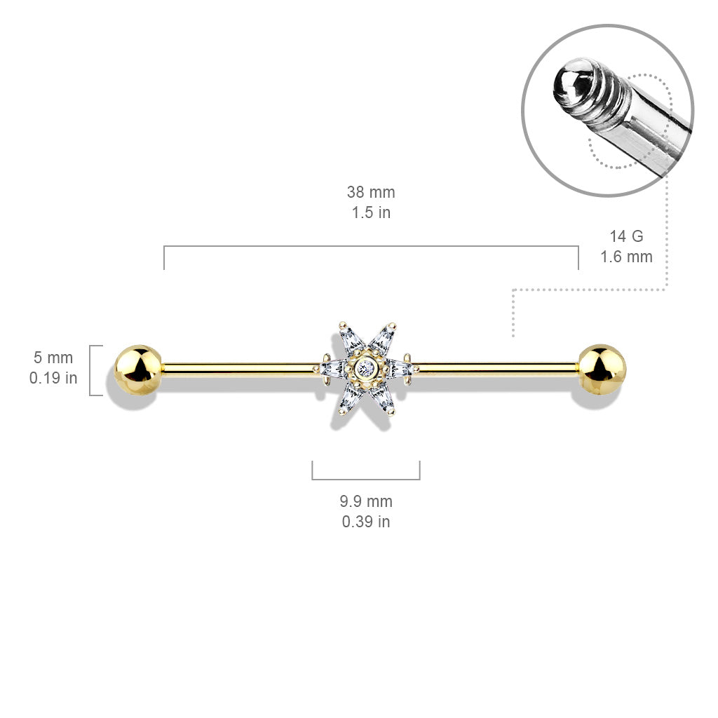 6 Princess Cut CZ Petal Flower 316L Surgical Steel Industrial Barbells size chart