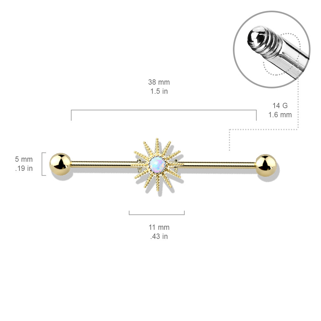 Opal Center Sunburst 316L Surgical Steel Industrial Barbell size chart