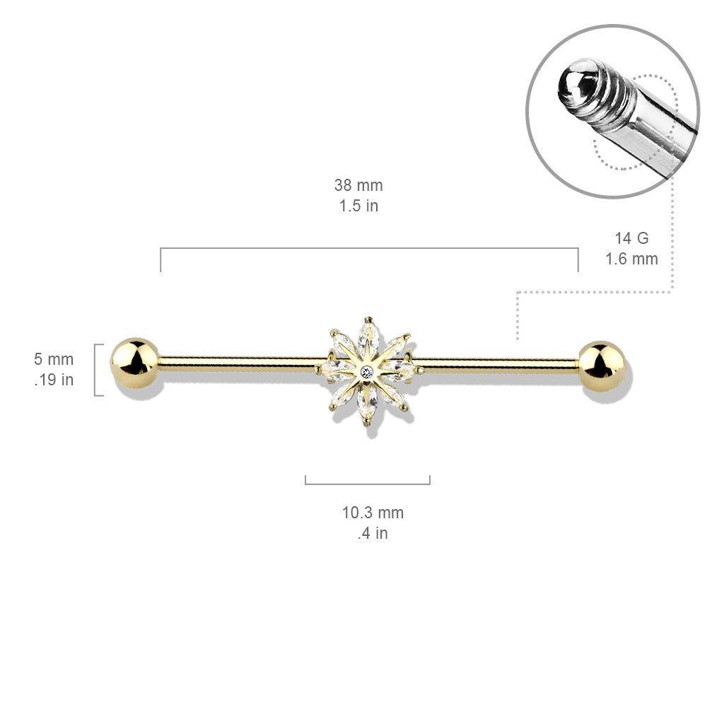 Marquise CZ Snowflake 316L Surgical Steel Industrial Barbell size chart