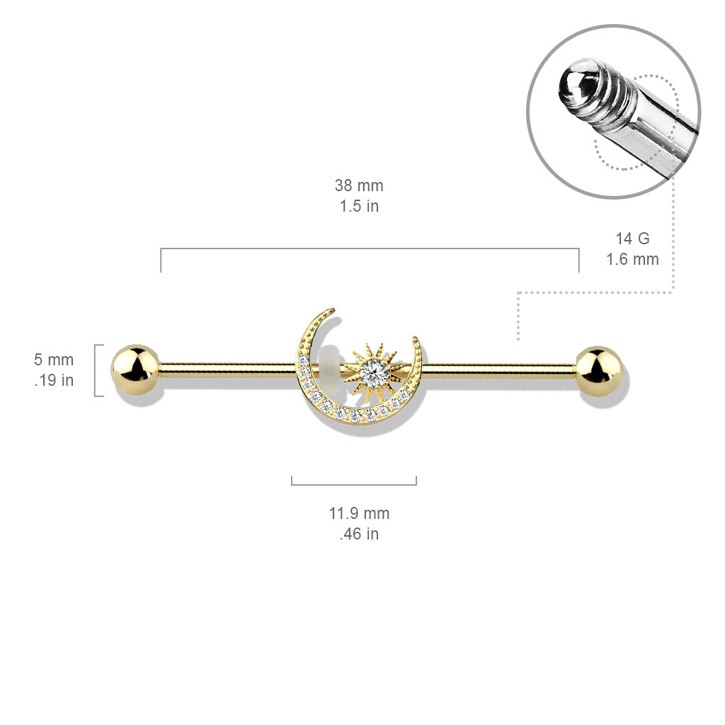 CZ Paved Moon With CZ Center Star 316L Surgical Steel Industrial Barbell size chart