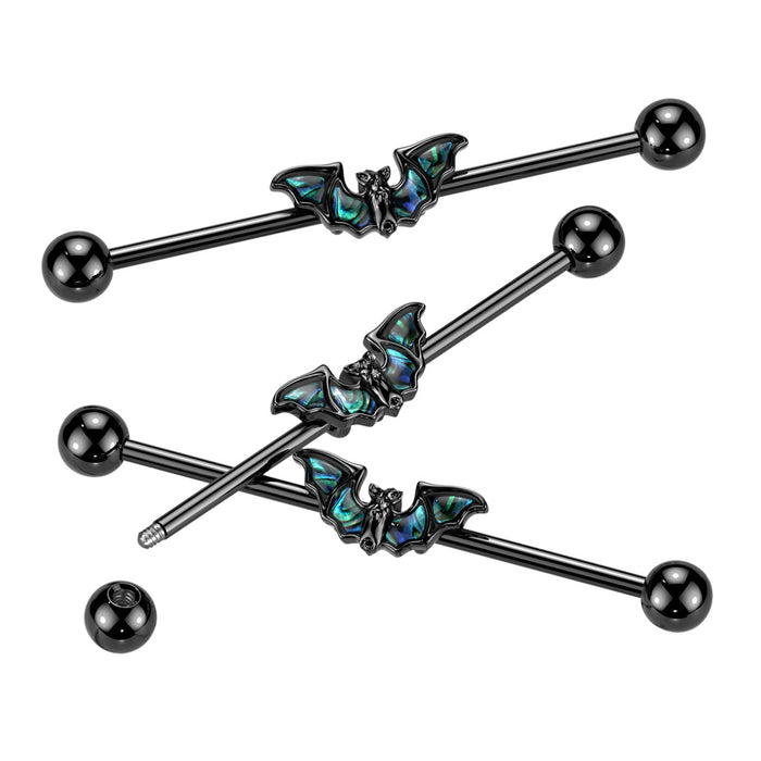 Black PVD Over 316L Surgical Steel Industrial Barbell With Abalone Winged Bat