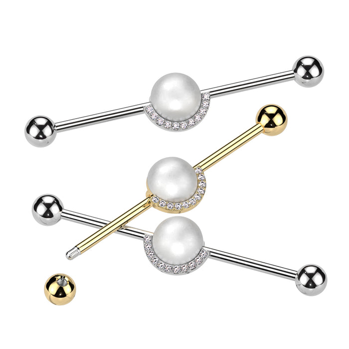316L Surgical Steel Industrial Barbell With Pearl And Half CZ Rim Edge