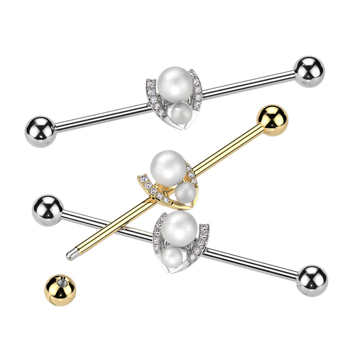 316L Surgical Steel Industrial Barbell With Double Pearl And Pave CZ Horseshoe
