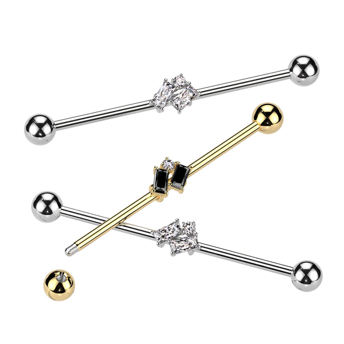 316L Surgical Steel Industrial Barbell With Double Slanted Baguette And Round CZ