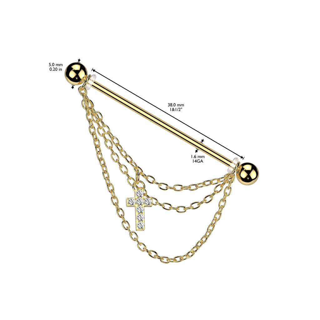 316L Surgical Steel Industrial Barbell With Triple Chain And CZ Pave Cross Dangle size chart