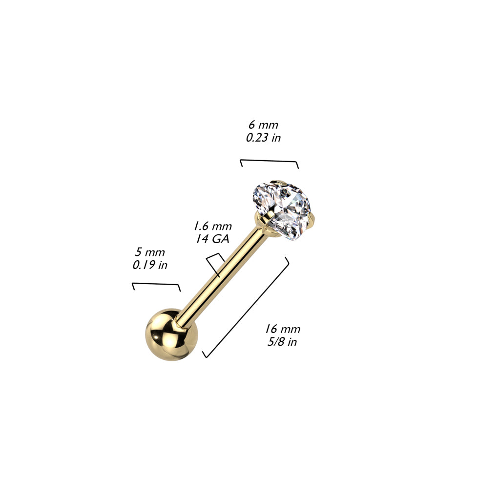 Prong Set Heart CZ 316L Surgical Steel Barbell Tongue Rings size chart