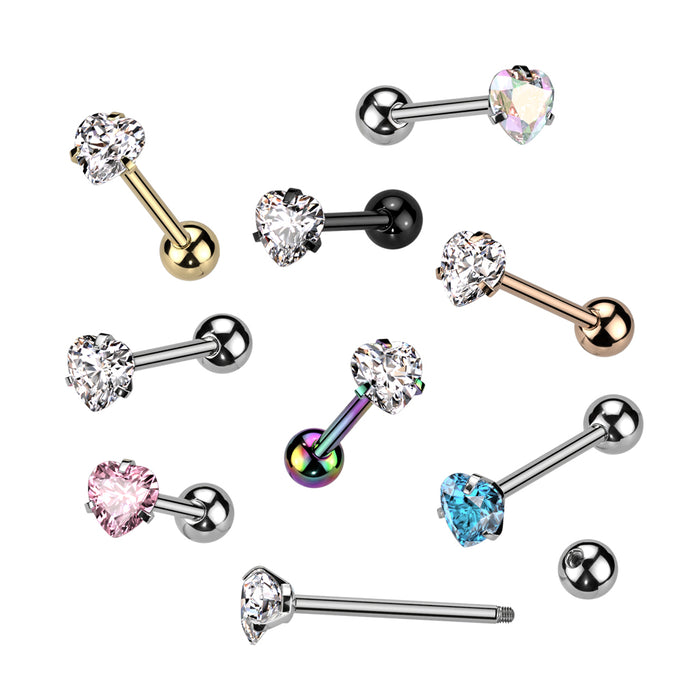 Prong Set Heart CZ 316L Surgical Steel Barbell Tongue Rings