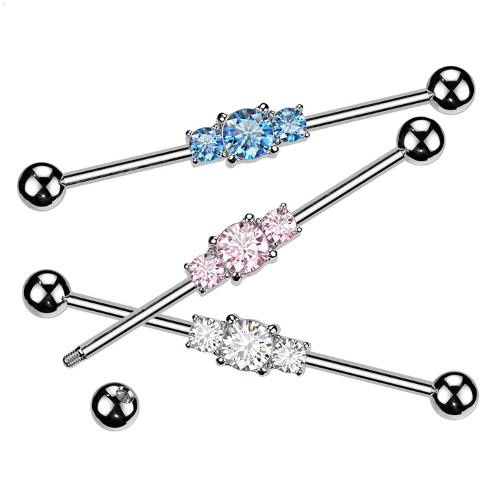 Three Linked CZs 316L Surgical Steel Industrial Barbell