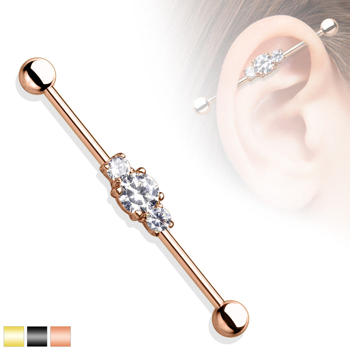Three Clear CZs Ion Plated 316L Surgical Steel Industrial Barbell