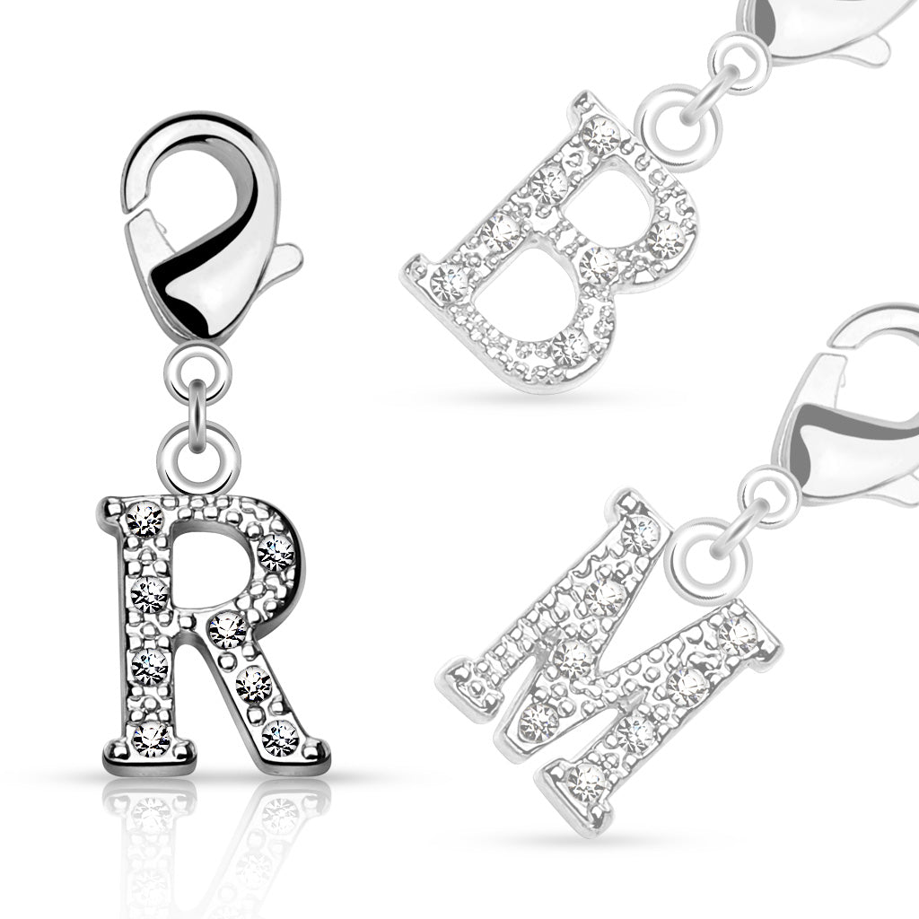 CZ Paved Initial Charms With Lobster Claw for Belly Rings, Bracelets and More - all colors