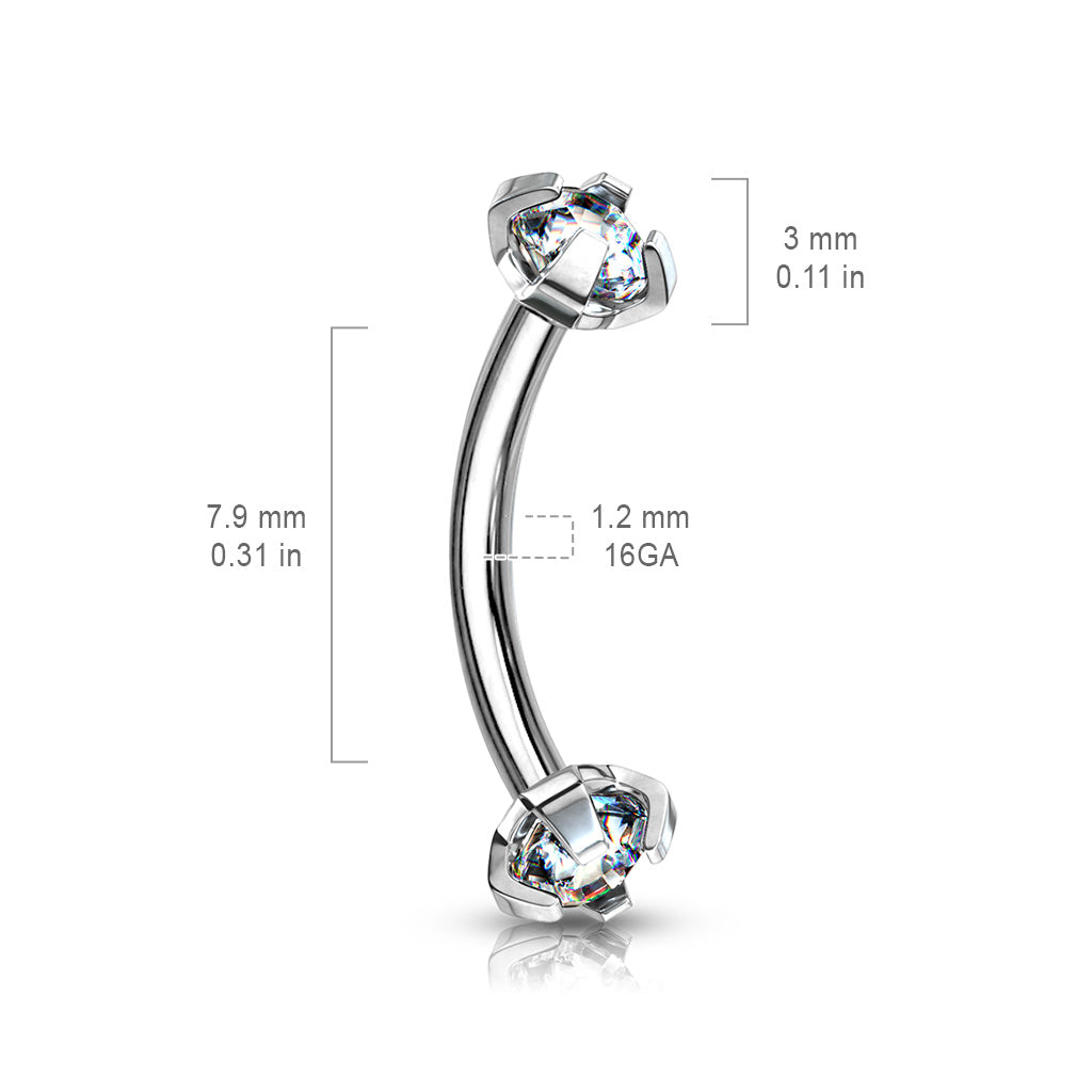Prong Set CZ Internally Threaded 316L Surgical Steel Eyebrow Curve Ring size chart
