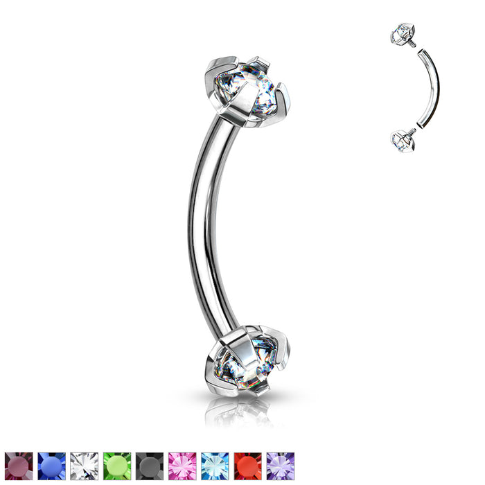 Prong Set CZ Internally Threaded 316L Surgical Steel Eyebrow Curve Ring