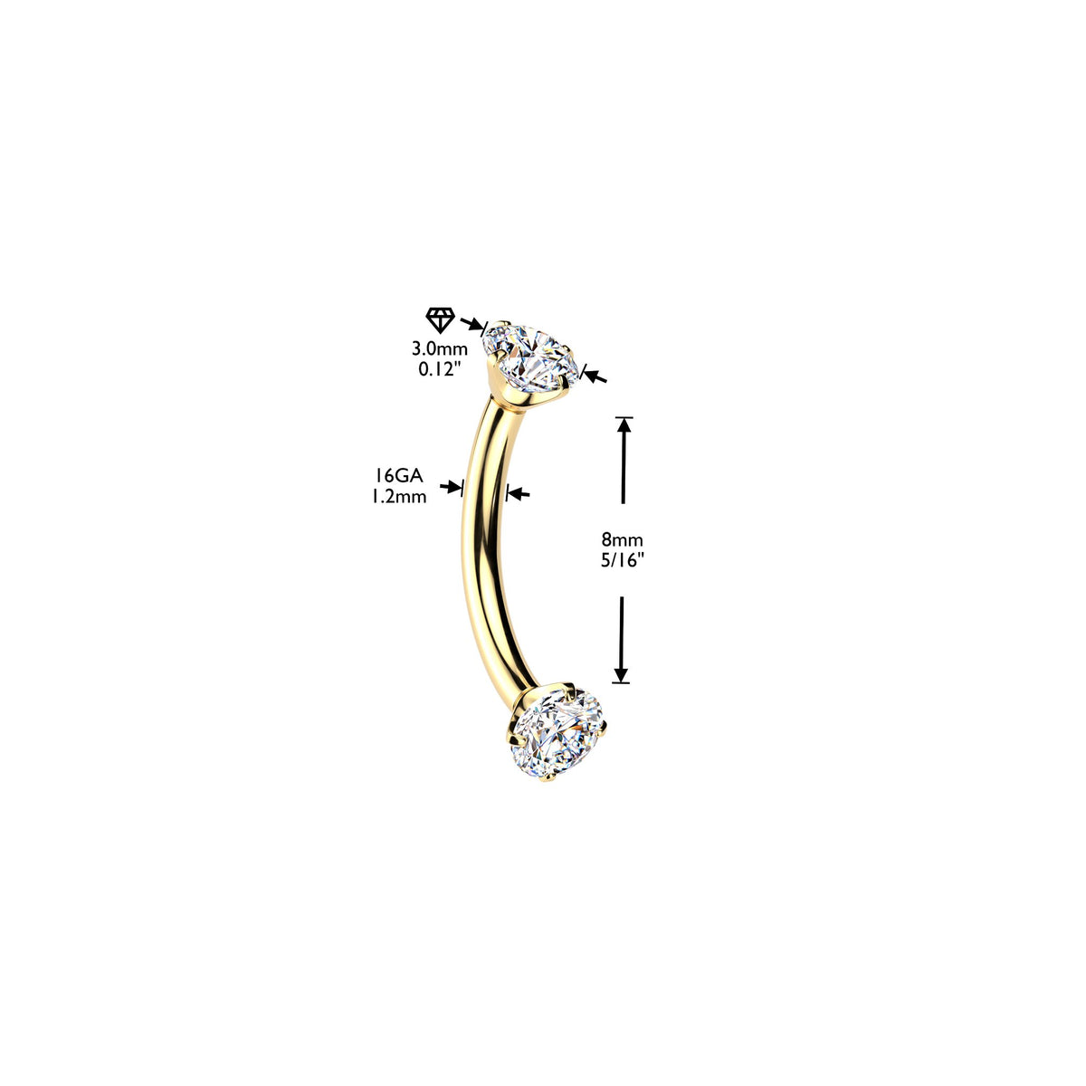 Plated Prong Set Clear CZ Internally Threaded 316L Surgical Steel Eyebrow Curve Ring size chart