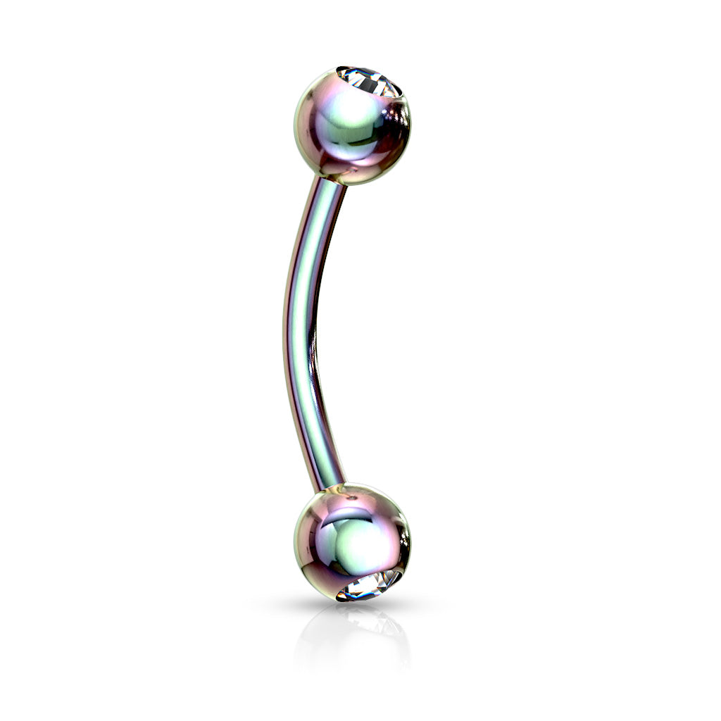 2-Press Fit Gem Balls Titanium IP Over 316L Surgical Stainless Steel Curved Barbell Eye Brow - Rainbow/Clear