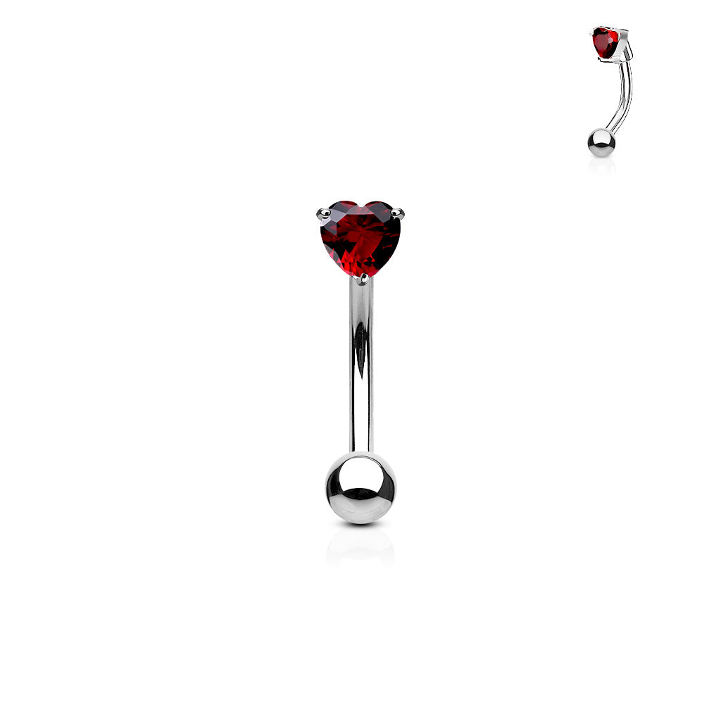 3mm Heart CZ Prong Set Top 316L Surgical Steel Eyebrow Rings/ Curved Barbells - Red