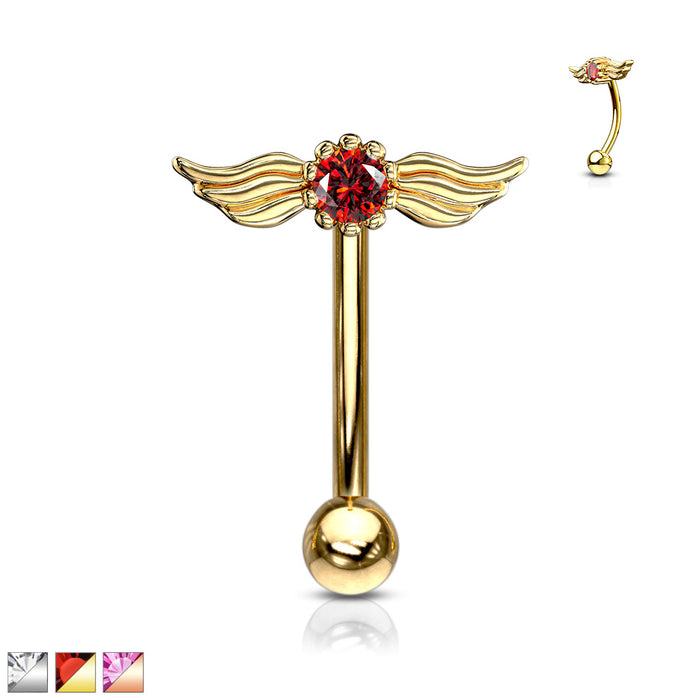 Round Crystal With Angel Wings Top 316L Surgical Steel Curved Eyebrow Barbell