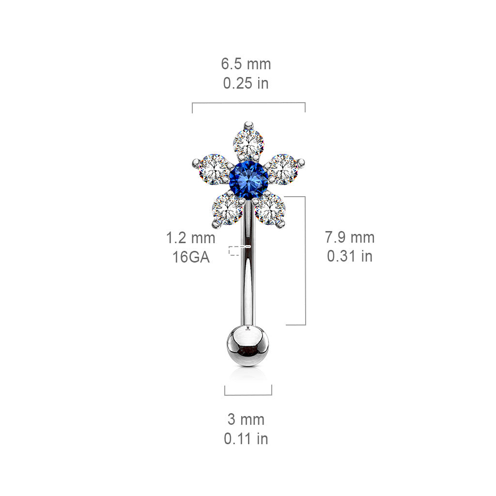 316L Surgical Steel Double Tiered 6 CZ Flower Eyebrow Ring size chart