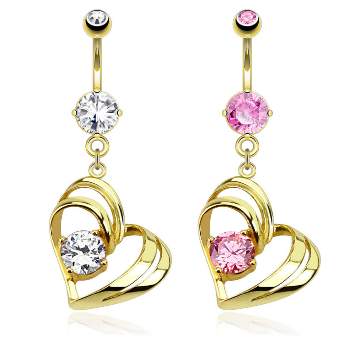 316L Surgical Steel Single Pronged Gem in Hollow Heart Dangle Belly Button Ring