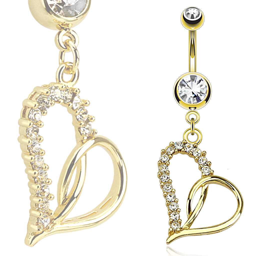 316L Surgical Steel Loop Heart Multi Paved Gem Dangle Belly Button Ring - all colors