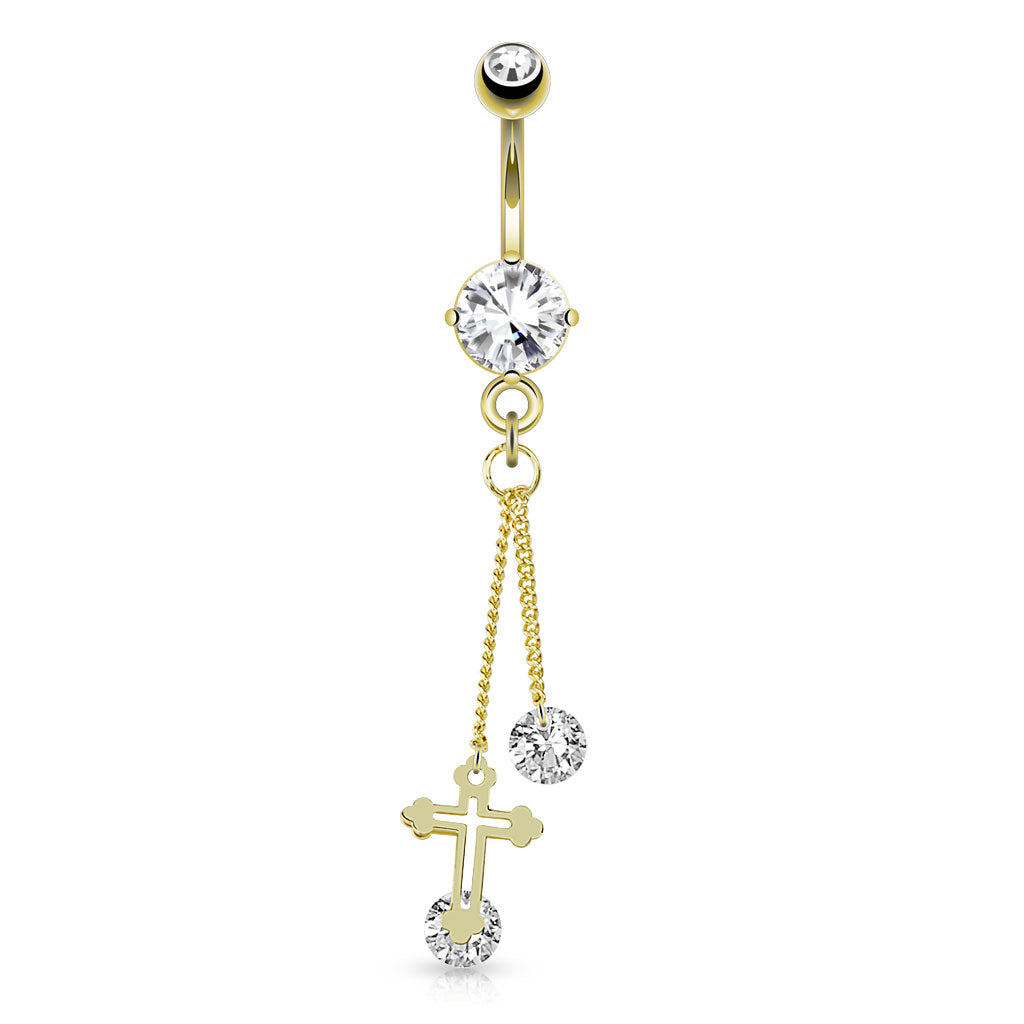 316L Surgical Steel Round CZ Attached by String Dangle Cross Chain Belly Button Ring - all colors