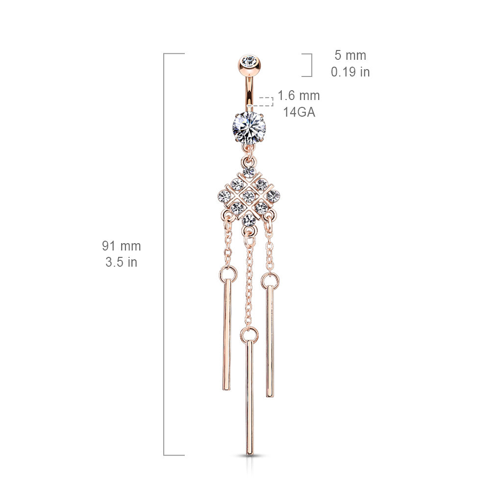 316L Surgical Steel Hash Square With Paved Gems and Dangle Bars Belly Button Ring size chart