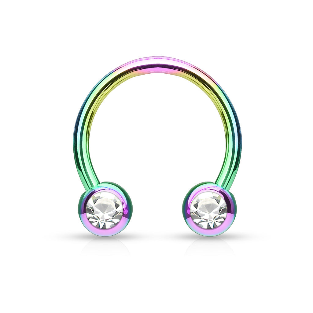Front Facing Jewel Set Balls IP Over 316L Surgical Steel Circular/Horseshoes For Nipple, Septum and Ear Cartilage Piercings - Rainbow/Clear