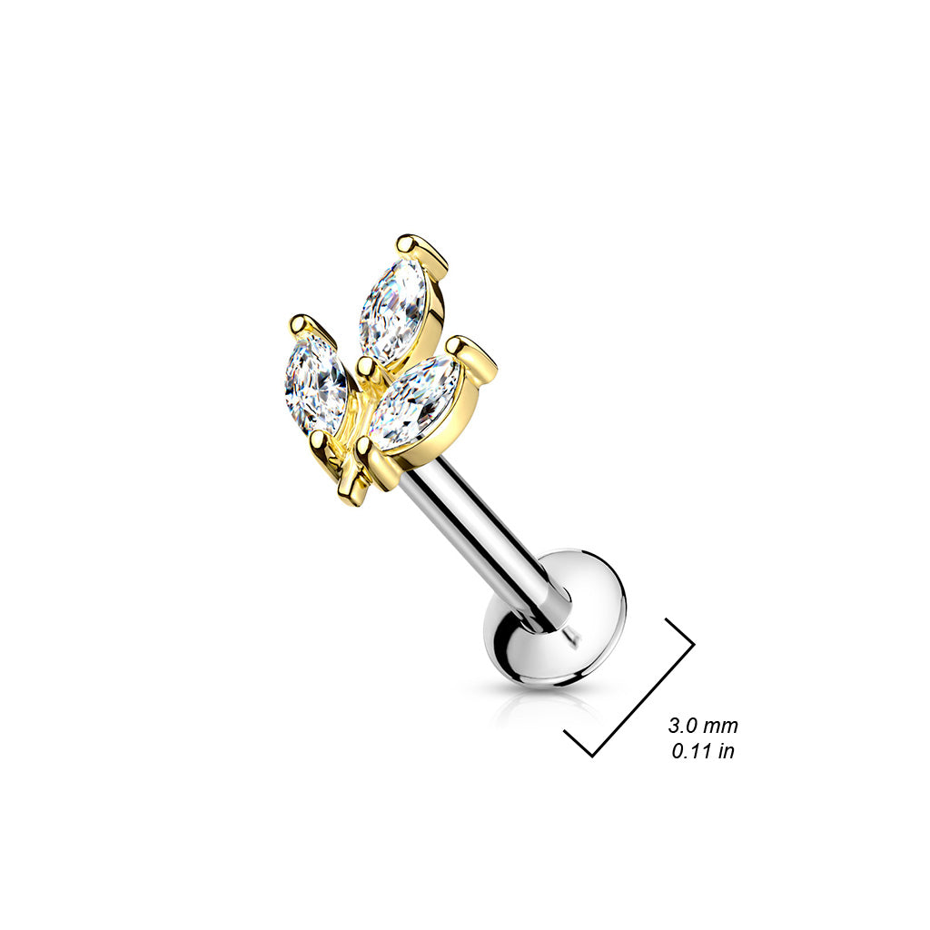 3 Marquise CZ Prong Set Threadless Top 316L Surgical Steel Push in Style Labret, Flat Back Studs size chart
