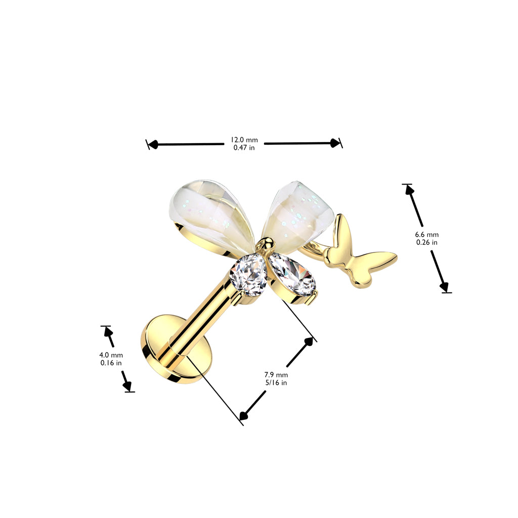 316L Surgical Steel Threadless Push In Labret With CZ Butterfly Top size chart