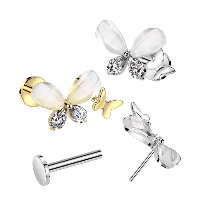 316L Surgical Steel Threadless Push in Labret With CZ Butterfly Top