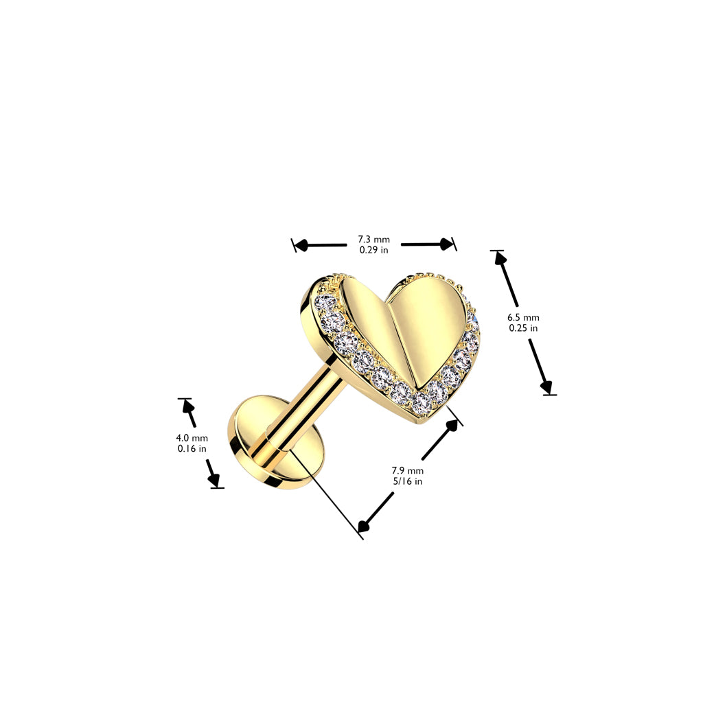 316L Surgical Steel Threadless Push In Labret With Heart and Pave CZ Edge Top size chart