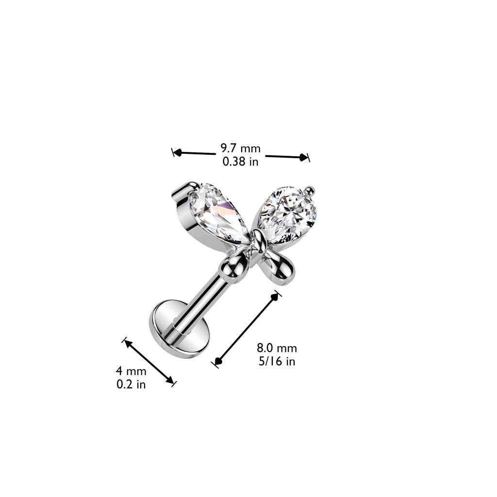 316L Surgical Steel Threadless Push In Labret, Flat Back Stud With CZ Butterfly Top size chart