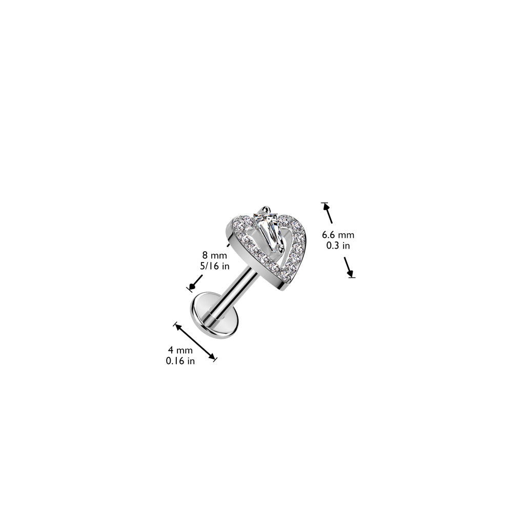 316L Surgical Steel Threadless Push In Flat Back Stud With CZ Pave Heart and Triangle CZ Center Top size chart