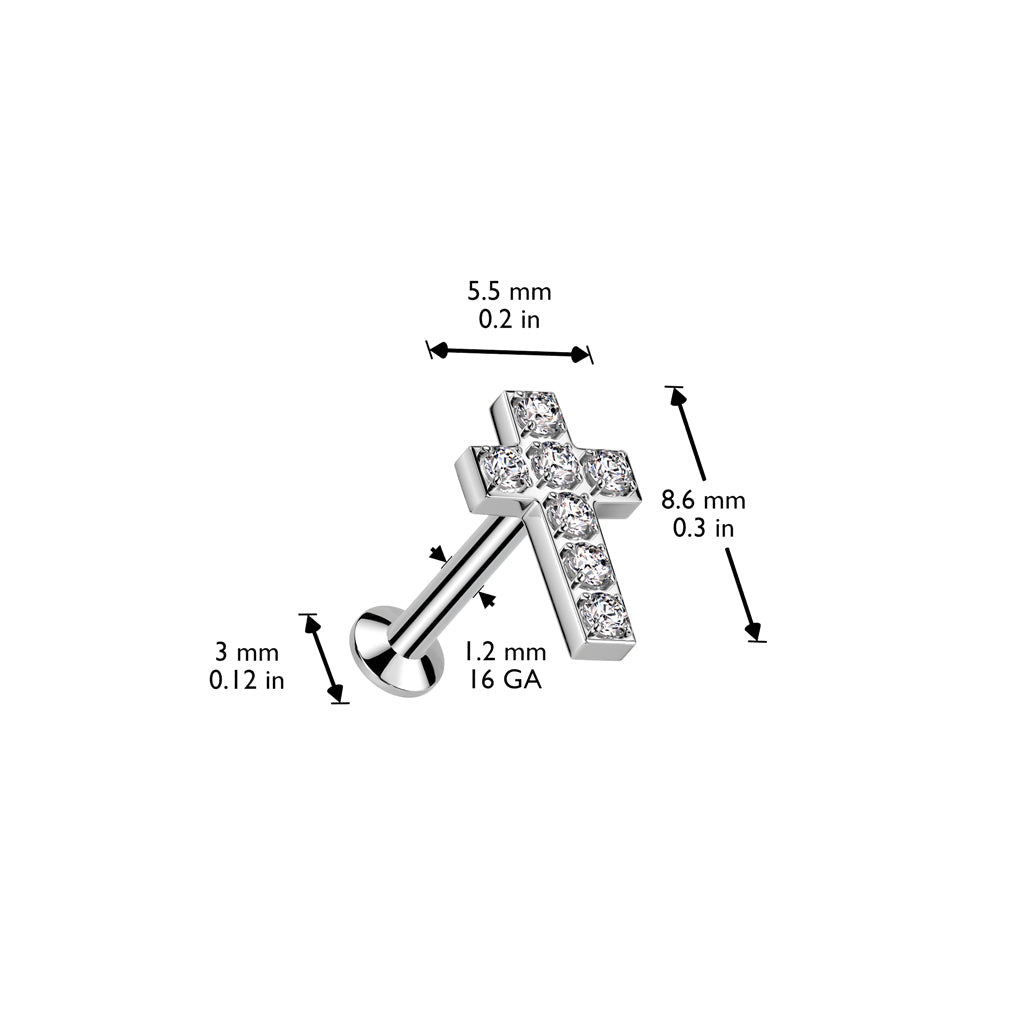 All 316L Surgical Steel Threadless Push In Labret With Convex Back and 7 CNC Set CZ Cross Top size chart