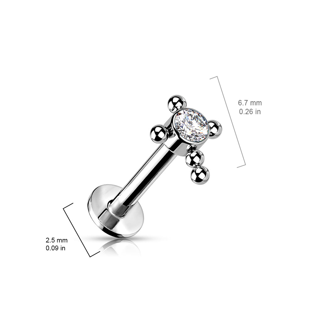 Implant Grade Titanium Threadless Push In Labret With Bezel Set CZ or Opal Center Beaded Ball Cross Top size chart