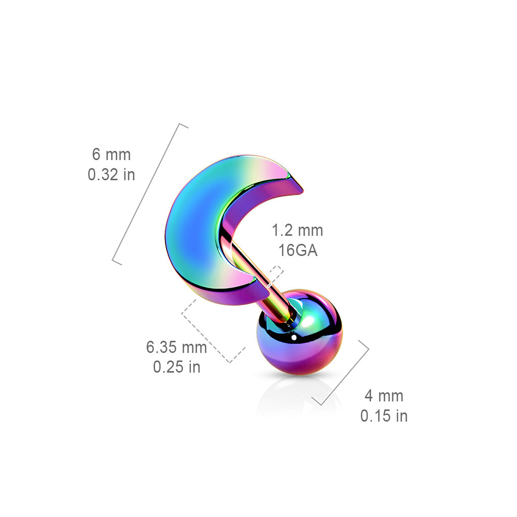 Flat Crescent Moon Top 316L Surgical Steel Cartilage, Tragus Barbell Studs size chart