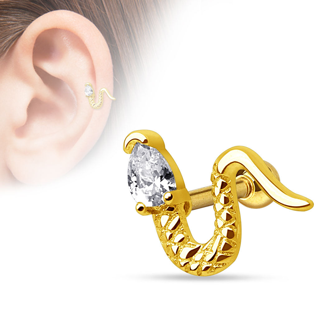 Snake with Triangle CZ Head 316L Surgical Steel Cartilage/Tragus Barbell - Gold/Clear