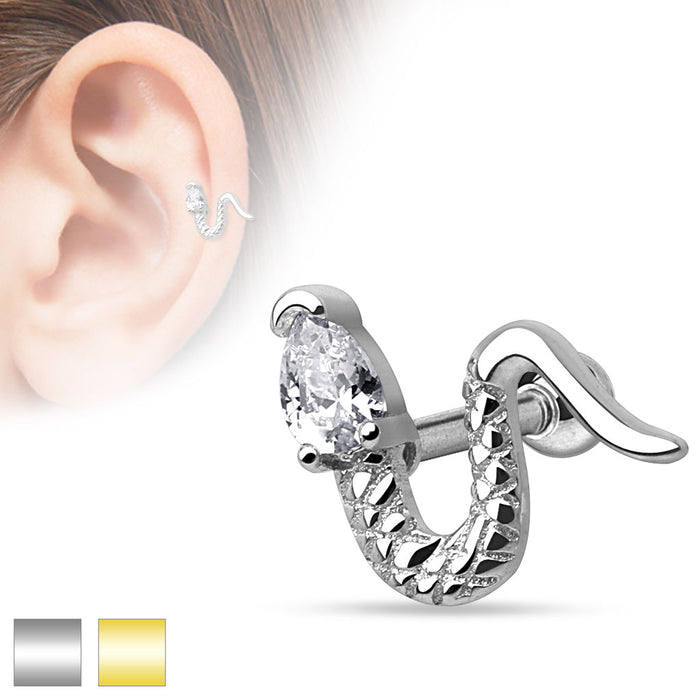 Snake With Triangle CZ Head 316L Surgical Steel Cartilage Tragus Barbell