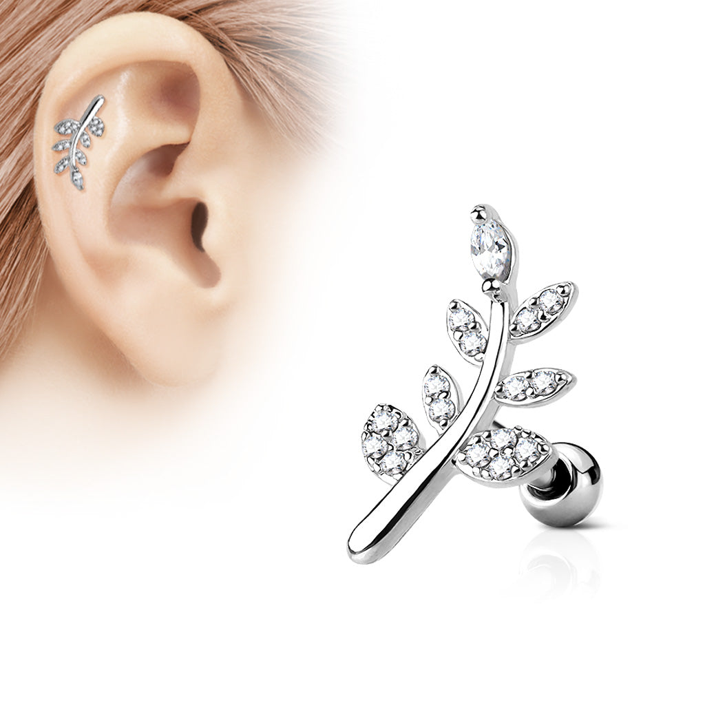 CZ Micro Paved Leaf Top 316L Surgical Steel Cartilage, Tragus Barbell Studs - Clear
