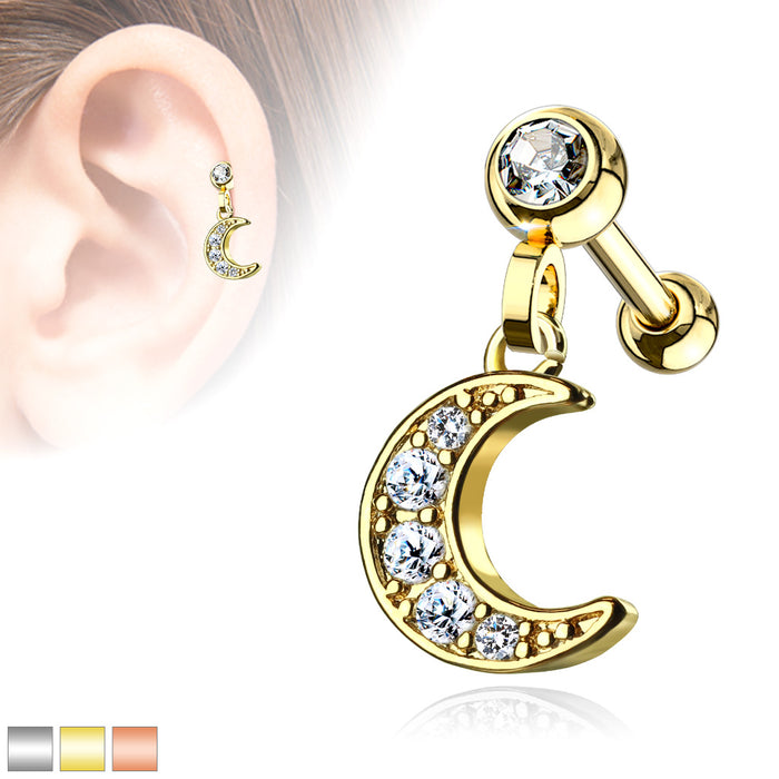 CZ Paved Crescent Dangle Gem Ball 316L Surgical Steel Cartilage Tragus Barbell