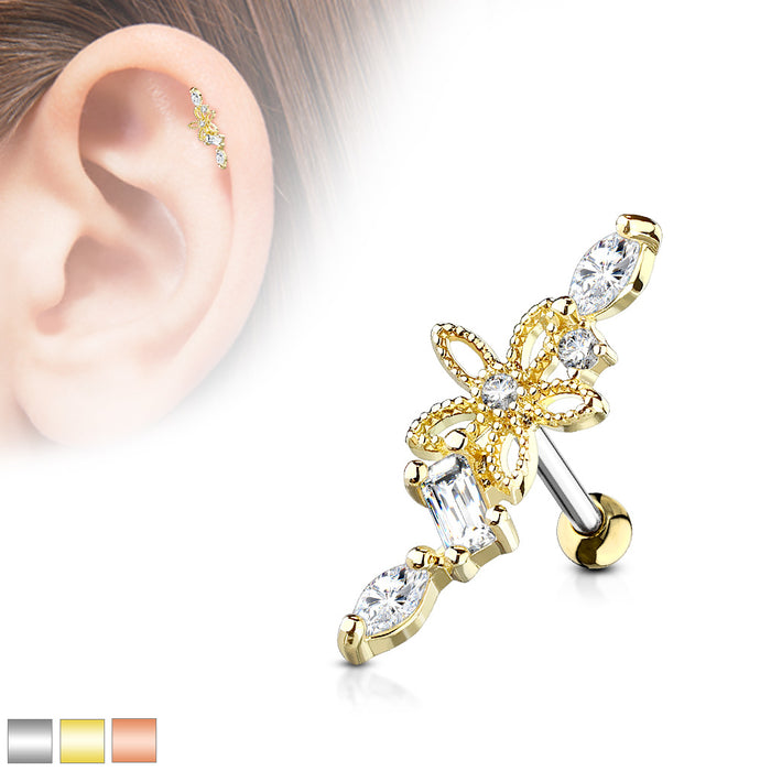 Hollow Flower CZ Vine 316L Surgical Steel Cartilage Tragus Barbell Studs