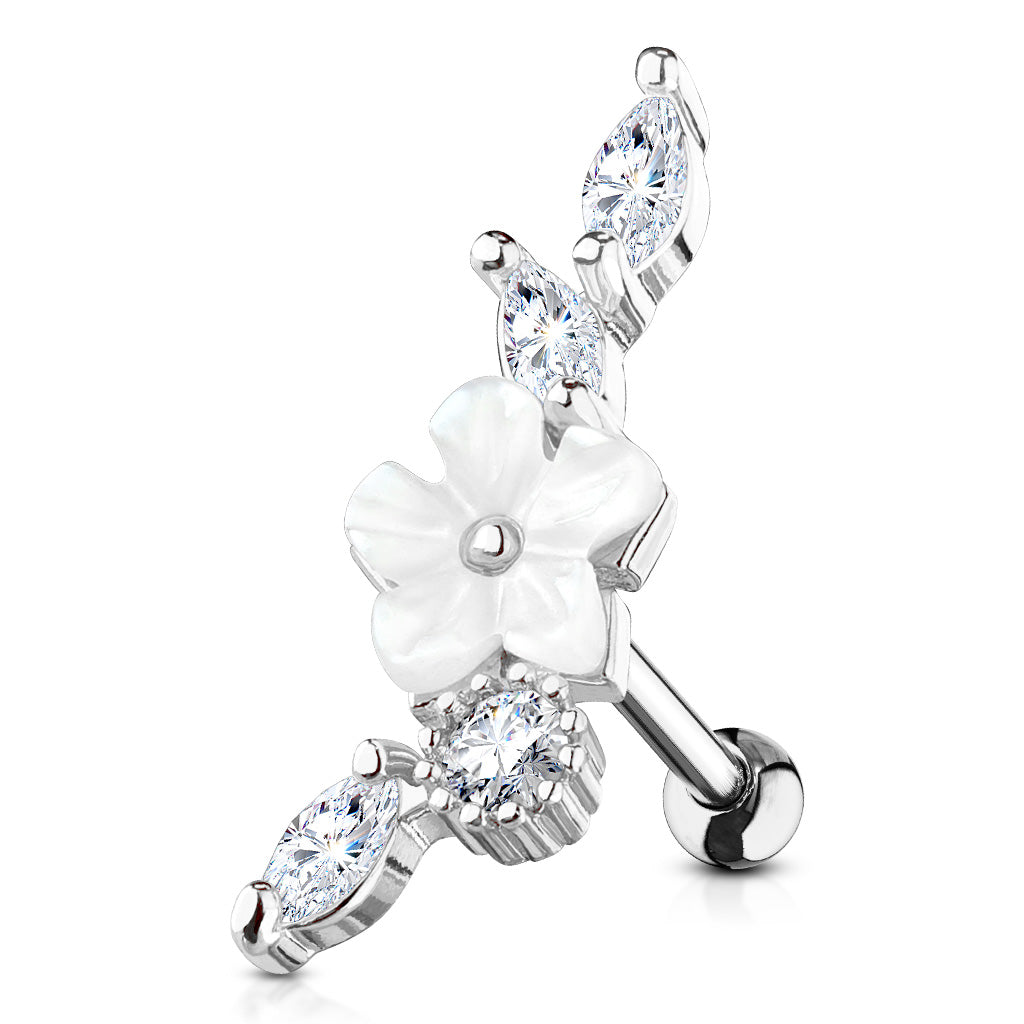 Mother Of Pearl Flower Centered CZ Vine 316L Surgical Steel Cartilage Tragus Barbell Studs - Clear