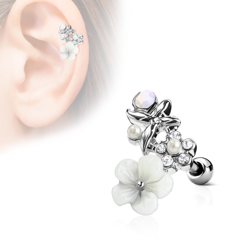 CZ and Clay Flowers Curve Top 316L Surgical Steel Ear Cartilage Barbell Studs - Steel