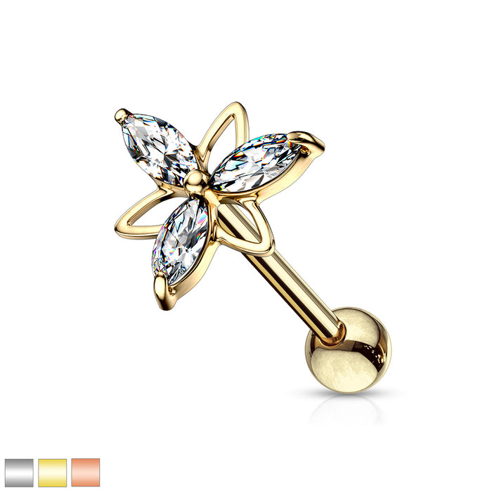 3 Marquise CZ Triangle Flower 316L Surgical Steel Cartilage Tragus Barbell Studs