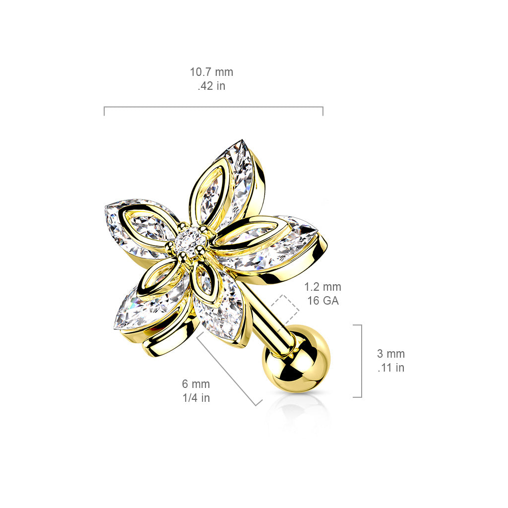 5 Marquise CZ Flower Top 316L Surgical Steel Cartilage, Tragus Barbell Studs size chart