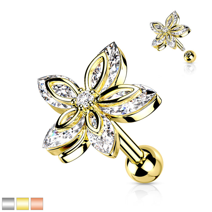 5 Marquise CZ Flower Top 316L Surgical Steel Cartilage And Tragus Barbell Studs